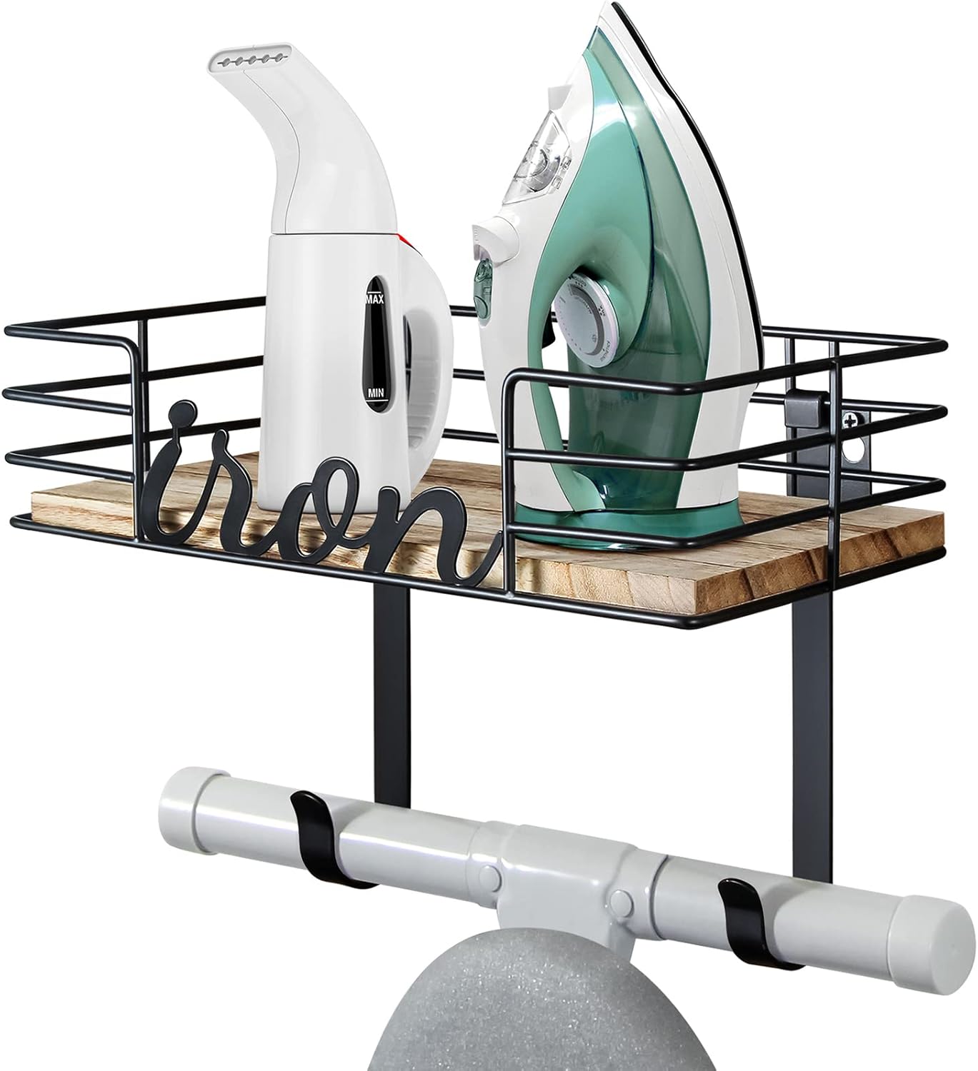 TJ.MOREE Hanger wall mount - Laundry Room Iron and ironing board Holder, Metal with Large Storage Wooden Base Basket and Removable Hooks (Black)