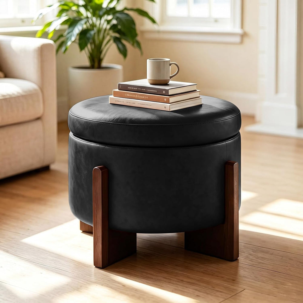 Leather Ottoman with Storage and Ash Wood Legs, Modern Foot Stool，Round Stora...
