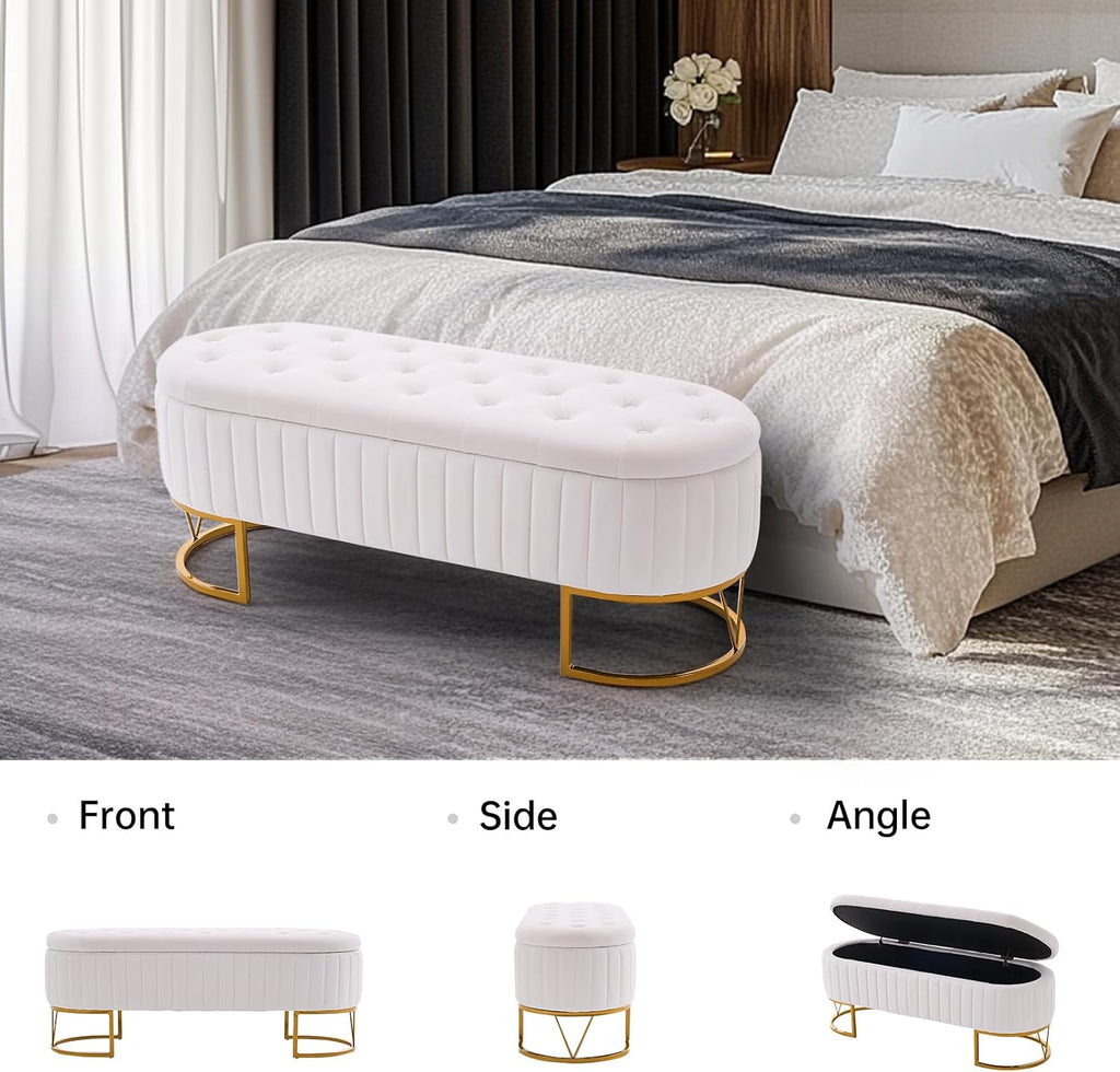 Tufted Storage Ottoman Bedroom Bench, 46" End of Bed Bench with Gold Metal Legs, Upholstered Footrest Stool for Dining, Living Room, Entryway and Hallway, Ivory