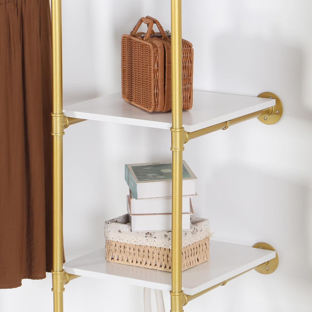 Industrial Pipe Gold Clothing Rack with Shelves, Retail Display Wall Mounted Storage Clothes Hanging Shelf Gold Pipeline Hanging Rod Steampunk Style, 4 Tier Wood Garment Rack 72.8x71inch