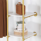 Industrial Pipe Gold Clothing Rack with Shelves, Retail Display Wall Mounted Storage Clothes Hanging Shelf Gold Pipeline Hanging Rod Steampunk Style, 4 Tier Wood Garment Rack 72.8x71inch