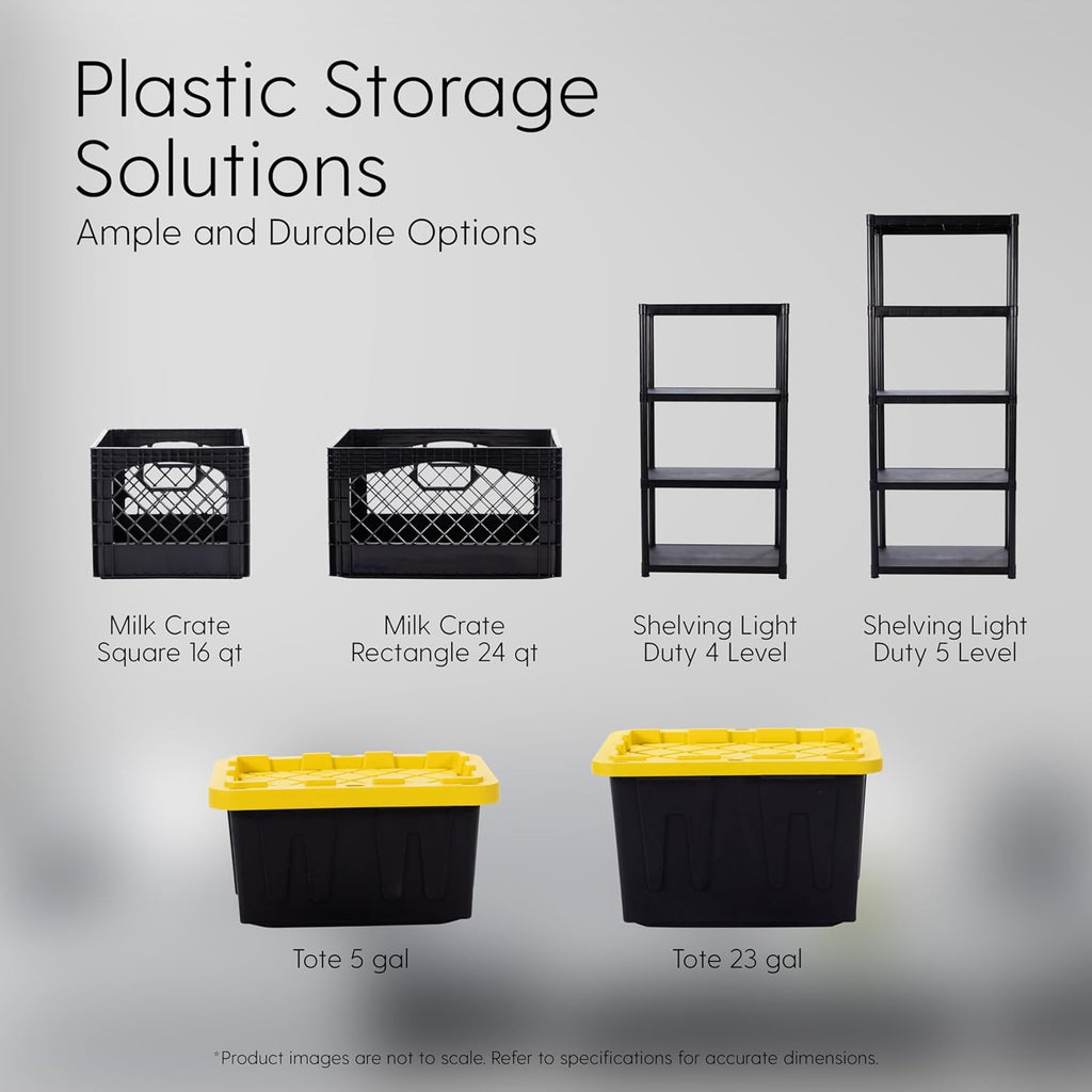 Plastic 5-Gallon Storage Tote with Lockable Lid, Stackable Tough Regular-Duty Bin for Garage, Tools, and Home Organization (4-Pack) - Black and Yellow