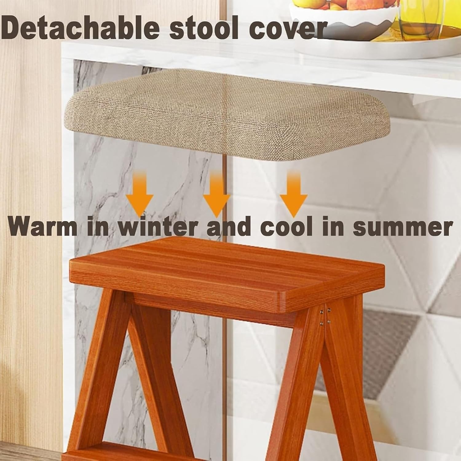 Portable Wooden Folding Library Ladder Chair Stool with Flower Shelf for Adults Lightweight Walnut Finish(White,Without pad)