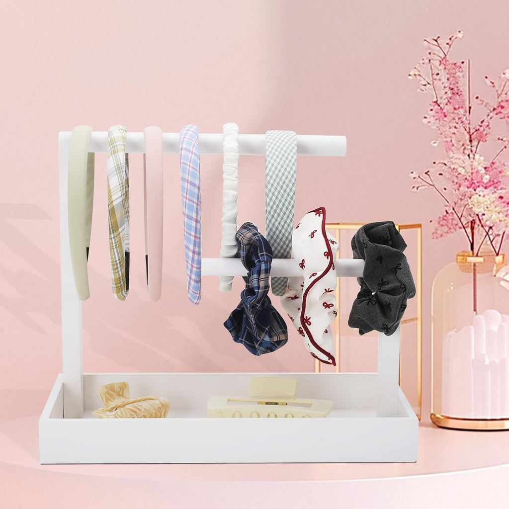 Headband Organizer Headband Holder for Girls Hair Tie Holder Stylish Vanity Organizer with Rustic Natural Wood Design for Bathroom & Dressing Tablespace-Saving Hair Accessory Storage