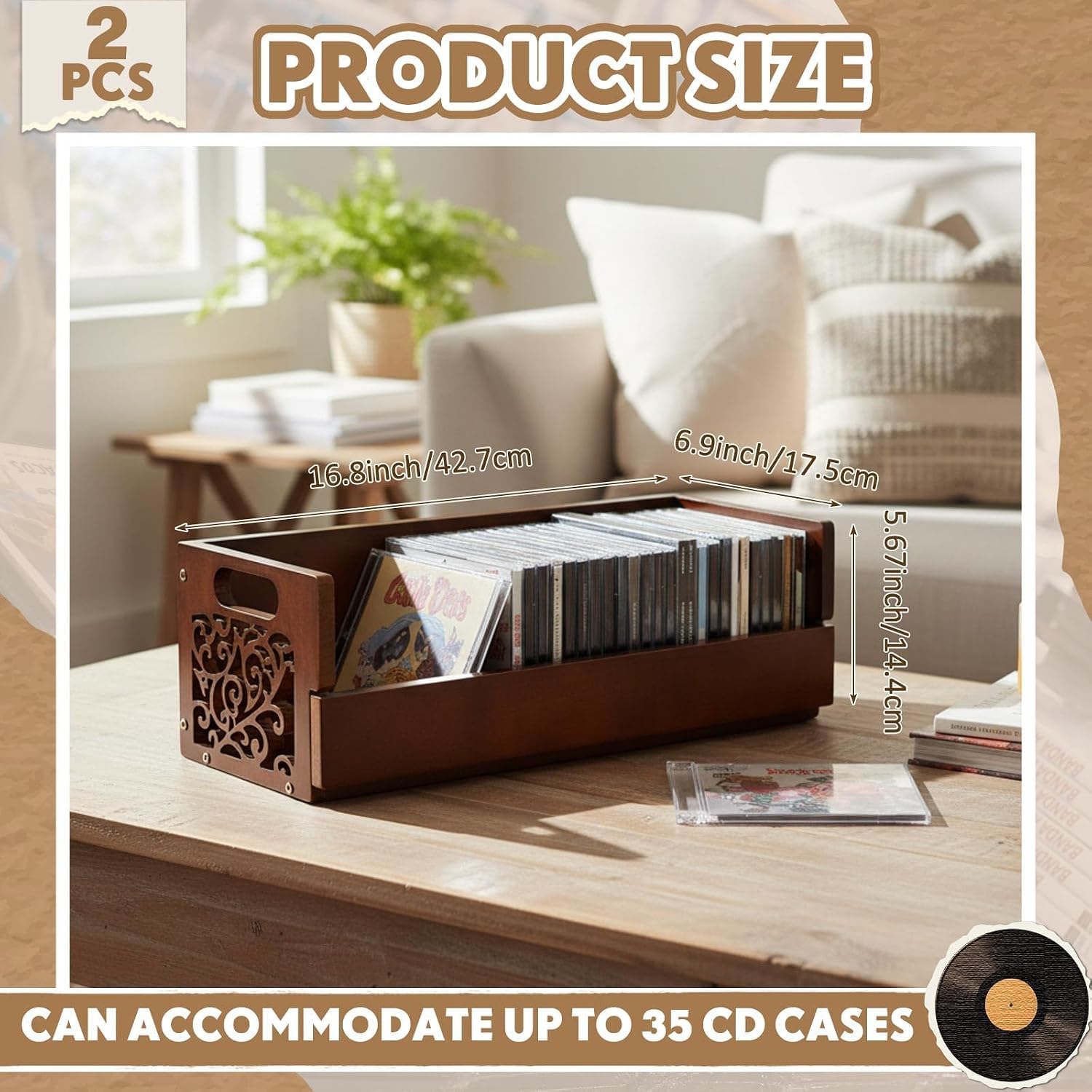 CroBlissful 2 Set Wooden Cd Holder, Stackable Cd Storage Rack with Handles, Magnetic Front-opening Design, Compact Media Organizer for Home Office & Living Room, Each Set Holds up to 36 Cases (Brown)
