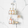 SWTYMIKI Bathroom Shower Caddy Hanging - Extended Length 2 Tier Rustproof Over Shower Head Organizer, No Drilling Bathroom Shelf with 14 Hooks & Soap Holder, Anti-Swing Rack, Sand Nickel
