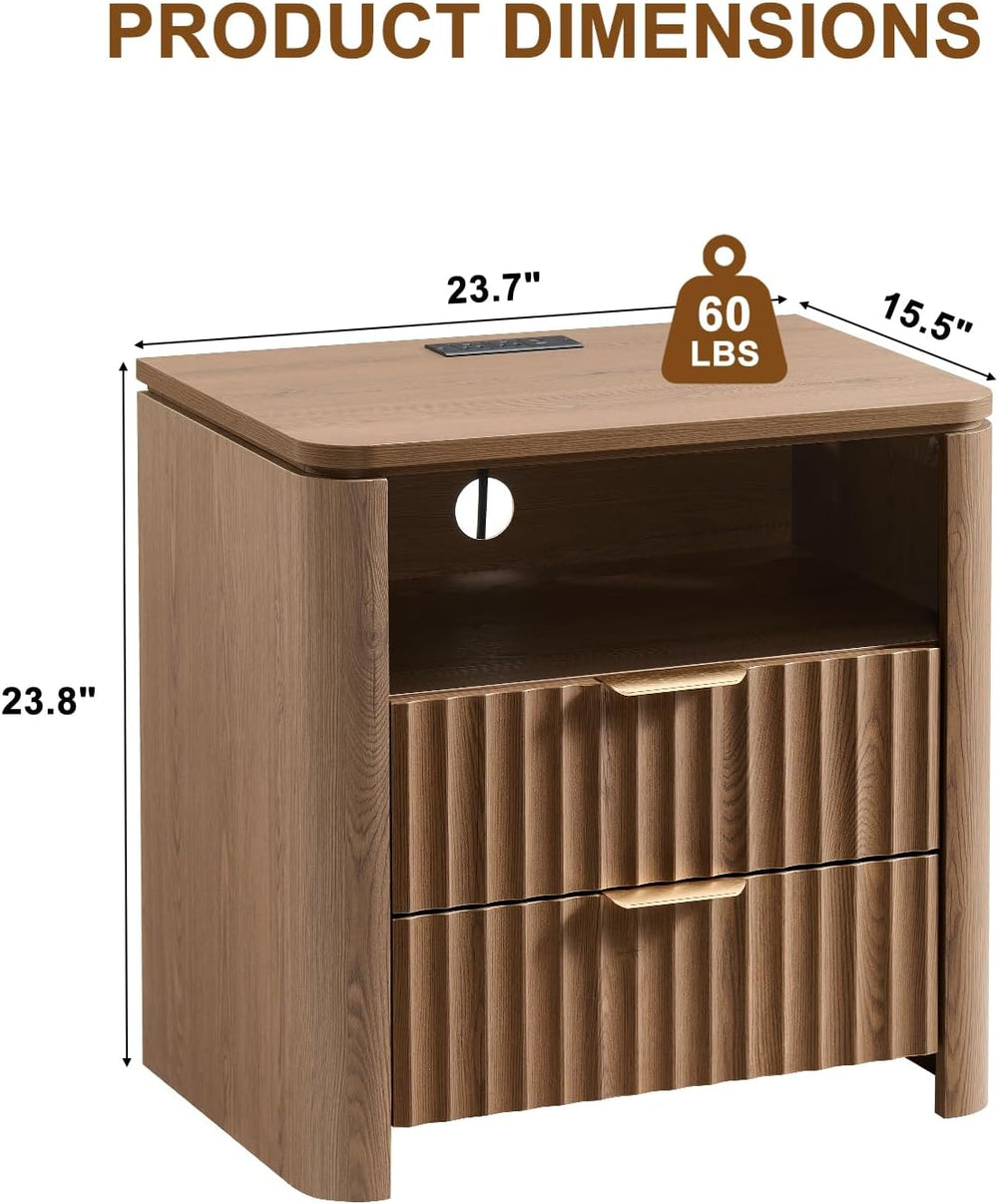 Night Stands Set of 2,Fluted Nightstands with Charging Station- Modern 2 Draw...