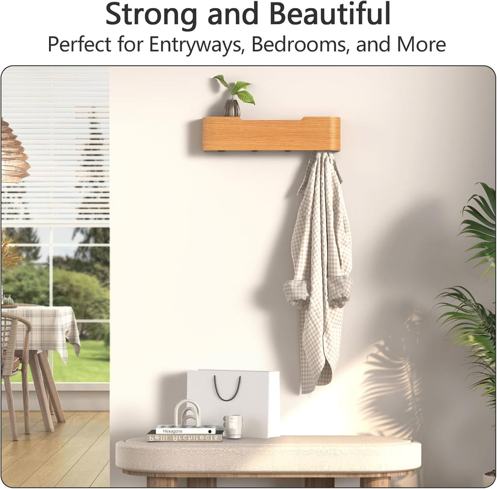 Coat Rack Wall Mount with Hidden Hooks Modern Key Holder Wood Entryway Hook with Shelf for Bedroom Kitchen Hallway Bathroom Designed for Hanging Coats Hats Bags Towels Dog Leashe(Oak,4 Hooks)