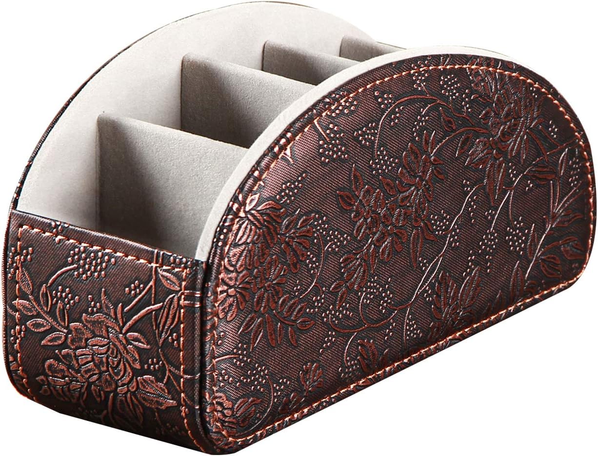 Leather Remote Control Holder,Universal TV Remote Organizer with 5 Compartments,Desktop or Bedside Table Organizer for DVD,Blu-Ray,Gaming and Streaming Remotes,Glasses and Accessories(Antique)