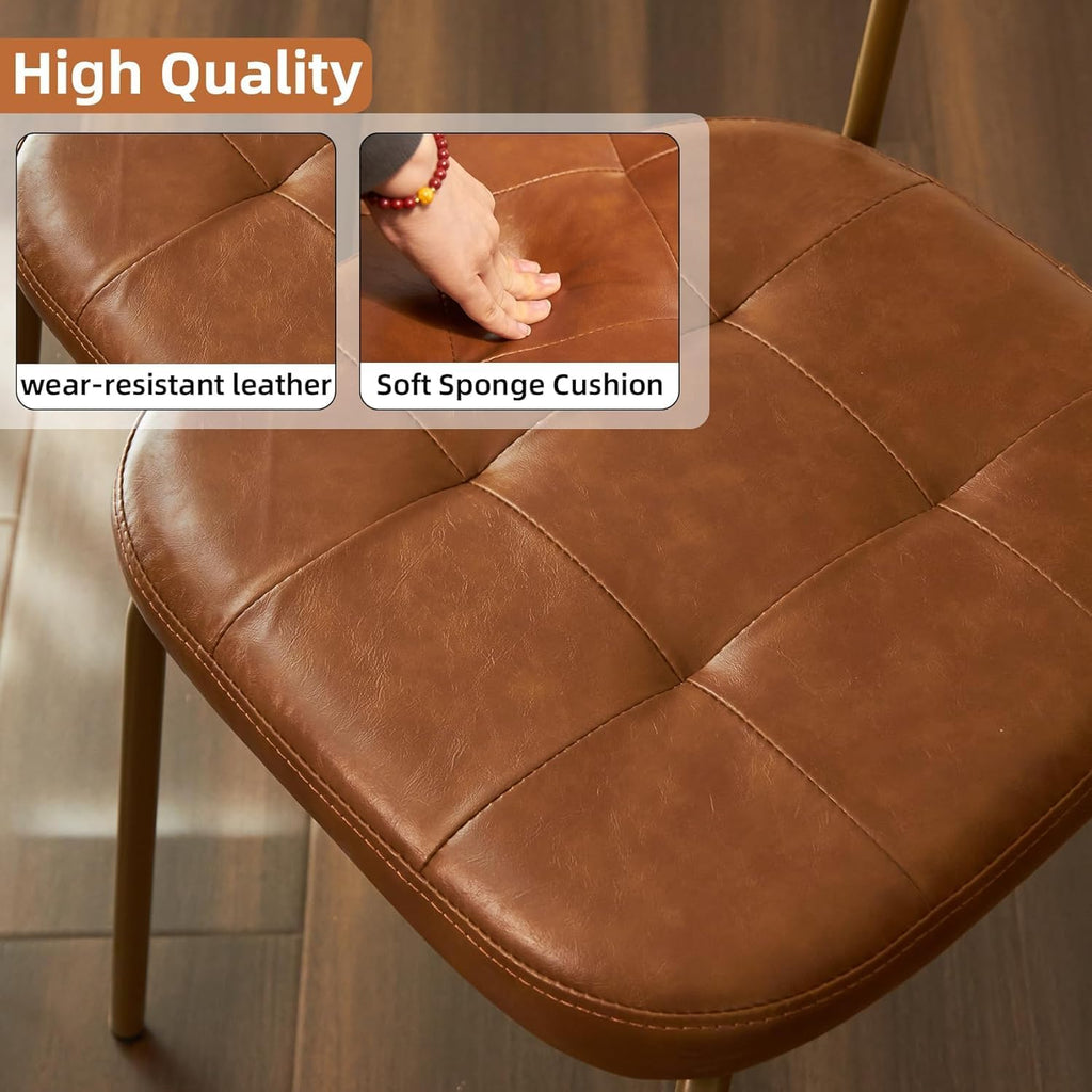 Mid Century Modern Dining Chairs Set of 2, Retro Chair with Faux Leather Upholstered Seat & Solid Wood Backrests & Vintage Distressing Metal Legs & Leg Protectors for Kitchen Dining Room (Brown)