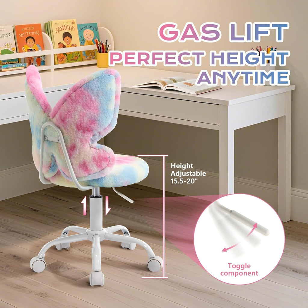 Lessmore Pink Girls Desk Chair - Comfy Swivel Kids Desk Chair for Girls Room, Fluffy Butterfly Kids Office Chair for Reading & Vanity,Pink