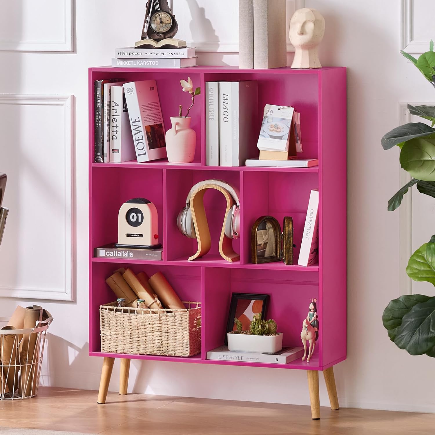 LEYAOYAO 7 Cube Bookshelf,3 Tier Book Shelf with Legs,Pink Modern Bookshelf,Large Freestanding Open Toy Modern Bookshelves,Display Bookcases Decor Furniture for Nursery