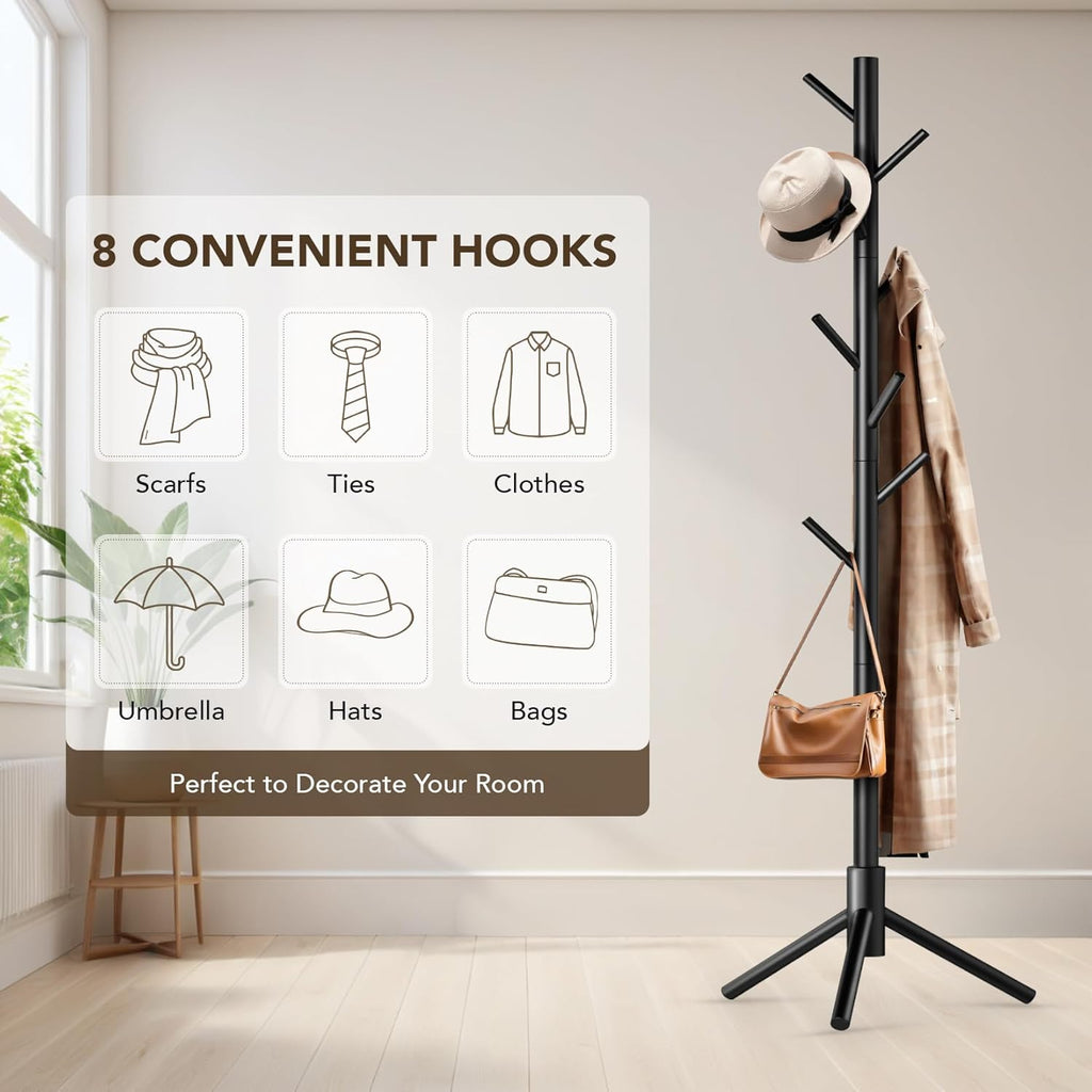Hupmad Wooden Tree Coat Rack Stand,Sturdy Freestanding Coat Rack with 8 Hooks,3 Adjustable Height for Child Adult,Wood Coat Stand Tree Fits Entryway Bedroom Office for Bags,Hats