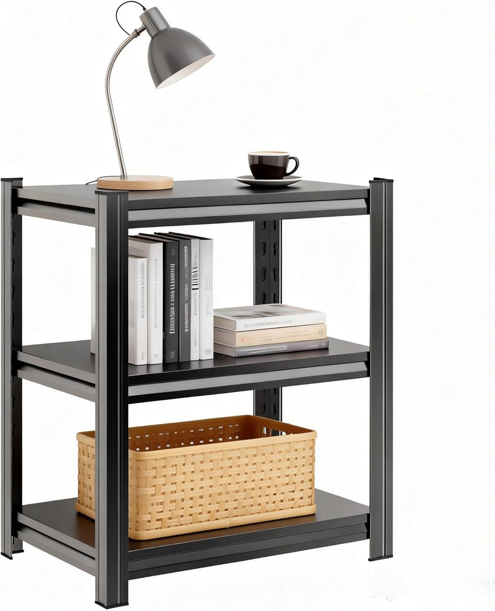 3-Tier Small Bookcase & Office Side Table, Black Industrial Bookshelf, Ad...