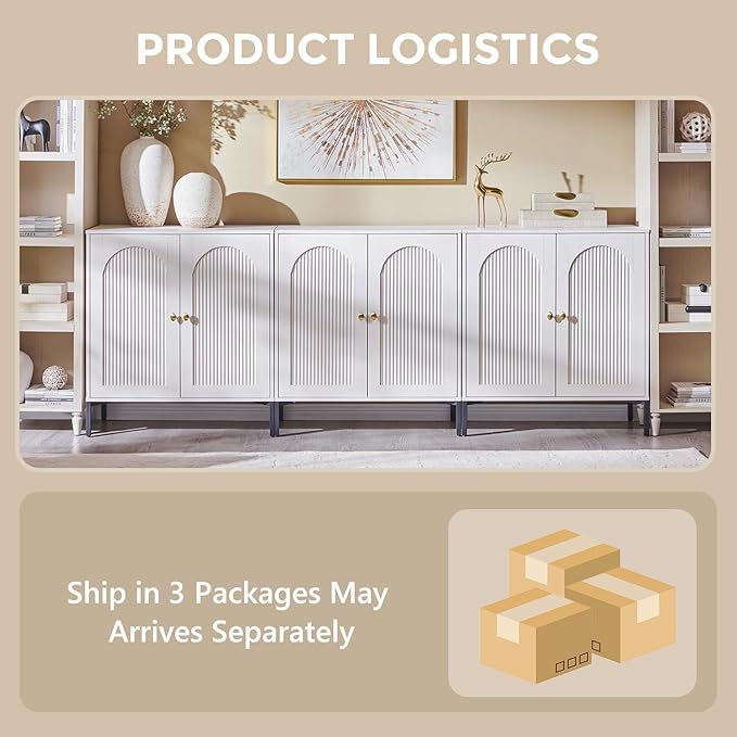 Modern TV Stands for 80 Inch TV, 92.63" W Wood Entertainment Center w/Adjustable Shelves, Mid Century Modern TV Stand w/Arched Fluted Doors, Media Console Cabinet for Living Room, White