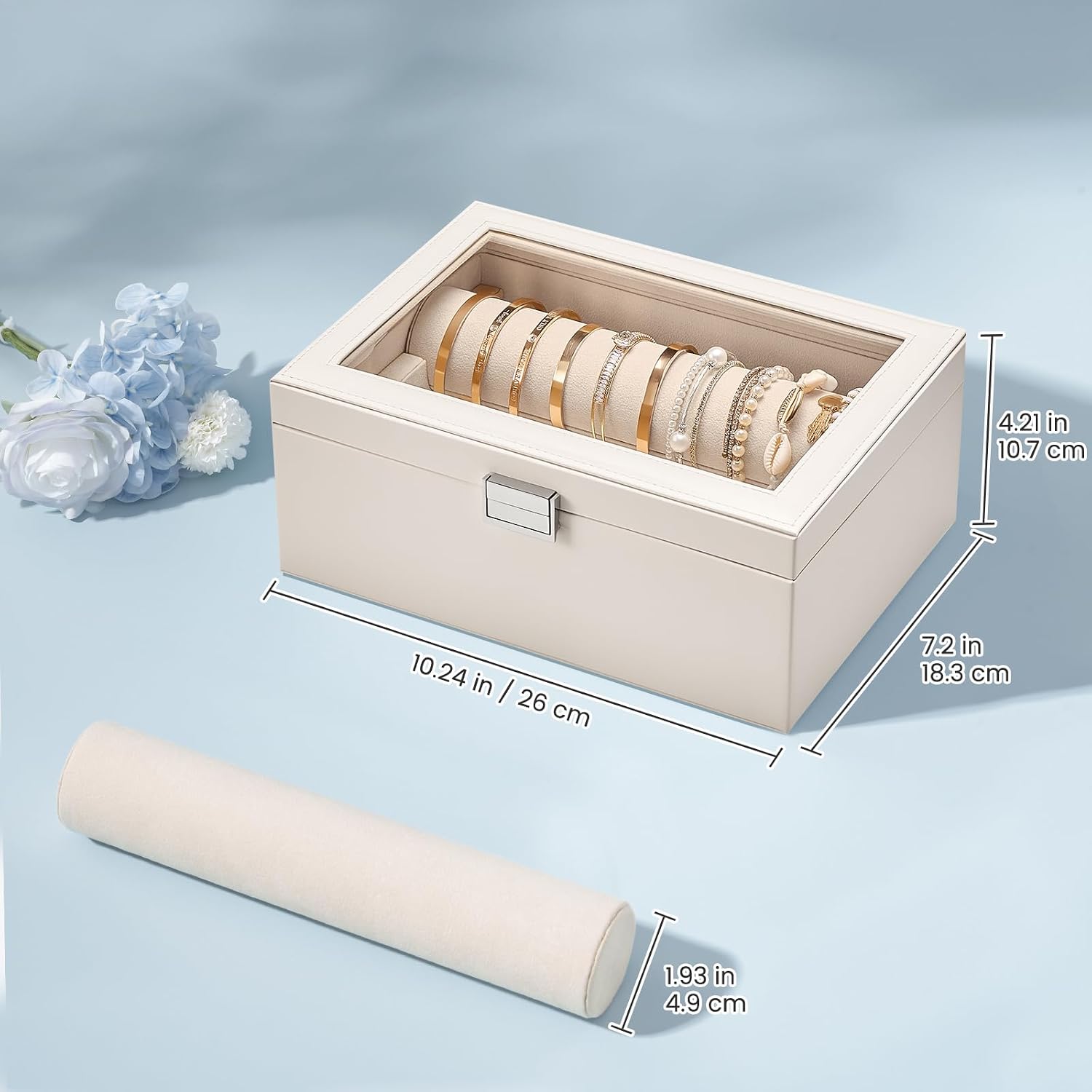 Lolalet Bracelet Display Holder with Clear Lid -Beige | Jewelry Organizer with 2 Velvet Display Rods, Perfect Storage Case for Bangles, Bracelets, and Watches, Great Gift for Her