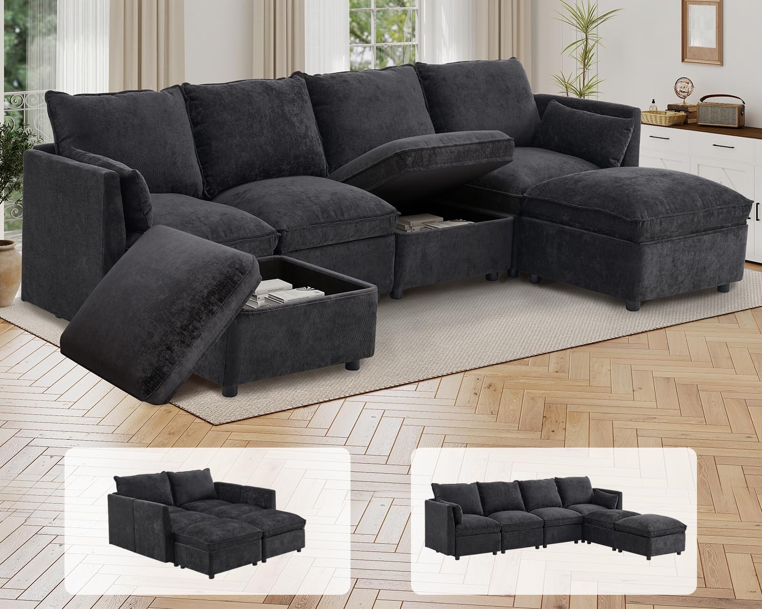 Furnimart 111" Modular Sectional Sofa with Full Seat Storage, U-Shaped 6-Seater Deep Seat Couch with Chenille Fabric Sectional with 2 Movable Ottomans for Living Room, Black
