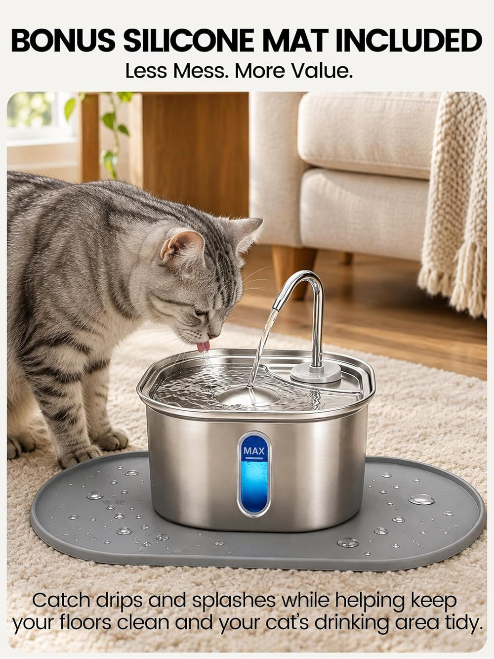 Cat Water Fountain Stainless Steel Set 3.2L 108oz & Silicone Waterproof Mat