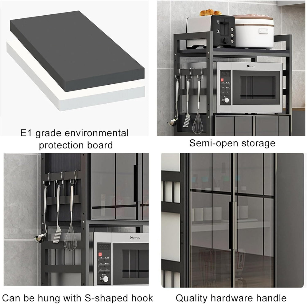 Kitchen Storage Cabinet with Adjustable Shelves Glass Door and Microw Stand F...
