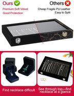 Jenseits Necklace Organizer Box, Tray with Clear Lid, Velvet Dustproof Necklaces Holder Storage Display Case, 20 Hooks Glass Top Jewelry Tray Drawer Insert for Pendant Bracelet