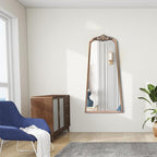 POZINO Brass Vintage Mirror,47.2"x 24" Arched Decorative Wall Mirror with Metal Frame, Ornate Gold Crown Molding, Traditional Antique Trapezoid Mirrors for Entryway Fireplace Living Room Bathroom