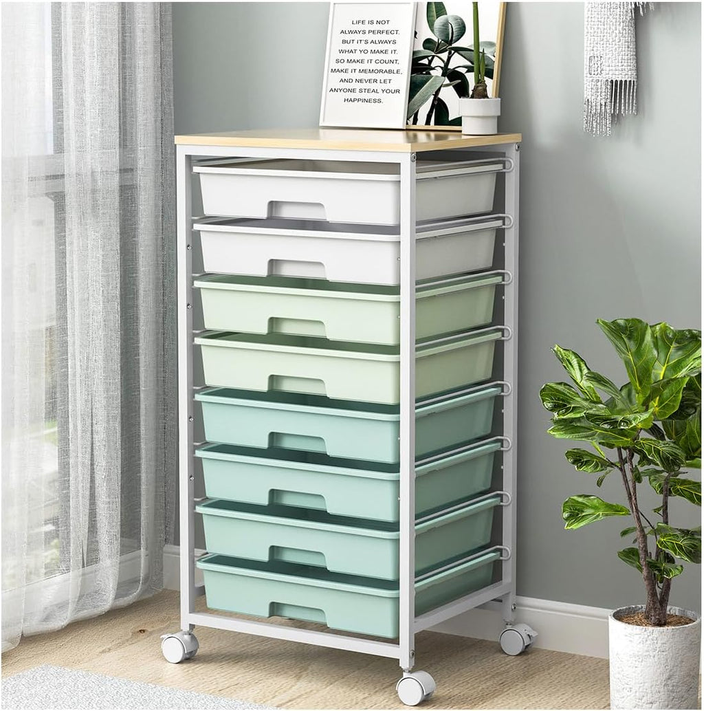 Rolling Storage Utility Cart Organizers with 8 Drawers and Wooden Tabletop for Living Room,Office,Classroom,Craft Room,Bedroom,Dorm,Green