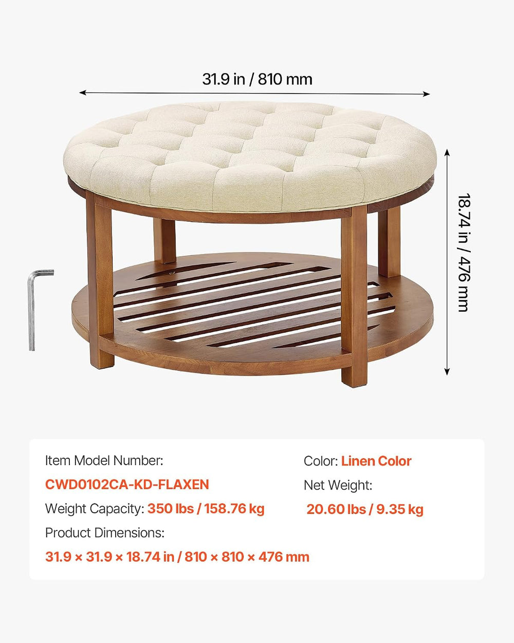 VEVOR Large Round Ottoman Coffee Table, 31.9 Inch Tufted Coffee Table with So...