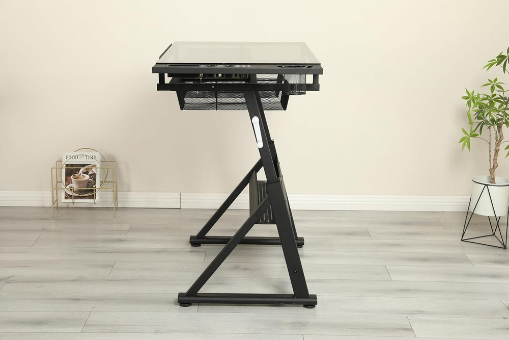 Drafting Table with Storage and Stool, Art Desk for Adults Hand Crank Adjusta...