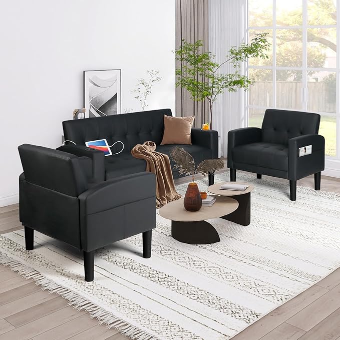 AILEEKISS 3 Piece Living Room Sofa Set Loveseat Sofas Sets with 2 USB,Cup Holders,Side Pocket, Modern Leather 3 Pcs Sectional Couches Set for Apartment, Office, Bedroom (Black, 2-Seat+1-Seat+1-Seat)