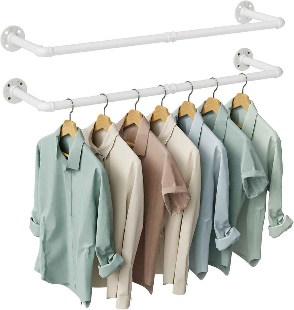 OROPY Industrial Pipe Clothes Rack Wall Mounted Set of 2, 38.4 inches Heavy Duty Iron Pipe Clothing Garment Rail, Multi-Purpose Clothing Hanging Rod for Laundry Room and Closet Storage, White
