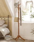 VASAGLE Solid Wood Coat Rack and Stand, Free Standing Hall Coat Tree with 10 Hooks for Hats, Bags, Purses, for Entryway, Hallway, Rubberwood, Caramel Brown URCR03WN