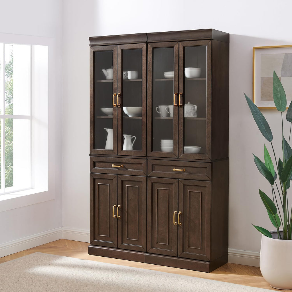 HomeStock Modern Minimalism Stanton 2Pc Glass Door Kitchen Storage Pantry Cabinet Set - 14.5" D x 47.5" W x 78" H, Floor Mountable, Shelves Included, 2 Doors 2 Drawers