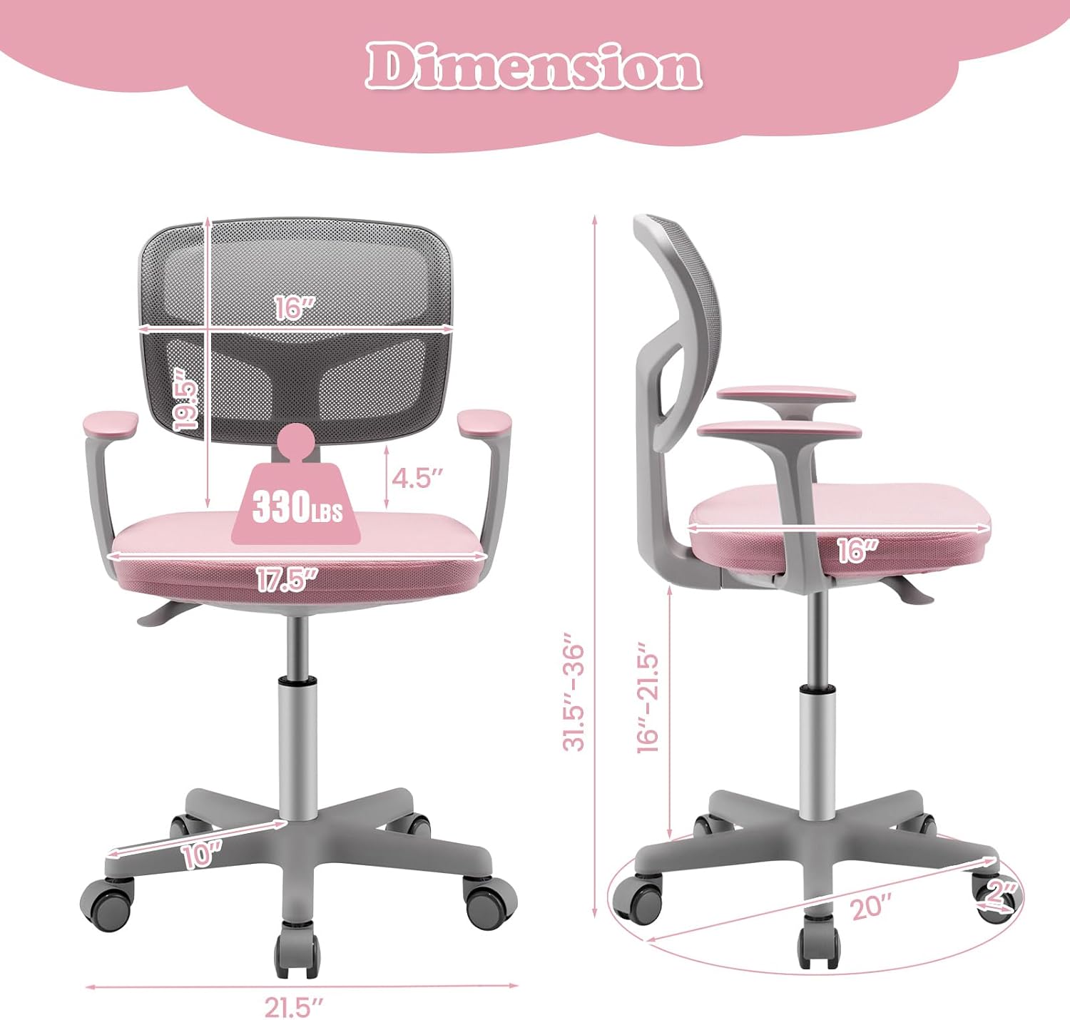 Giantex Kids Desk Chair, Ergonomic Adjustable Teen Task Chair w/Y-Shaped Lumbar Support, Armrest & Universal Wheels, Mesh Kid Office Chair for Sturdy, Kids Computer Chair for Boys & Girls 4-12, Pink