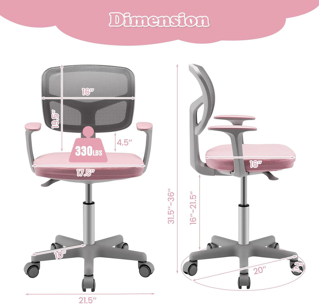 Giantex Kids Desk Chair, Ergonomic Adjustable Teen Task Chair w/Y-Shaped Lumbar Support, Armrest & Universal Wheels, Mesh Kid Office Chair for Sturdy, Kids Computer Chair for Boys & Girls 4-12, Pink