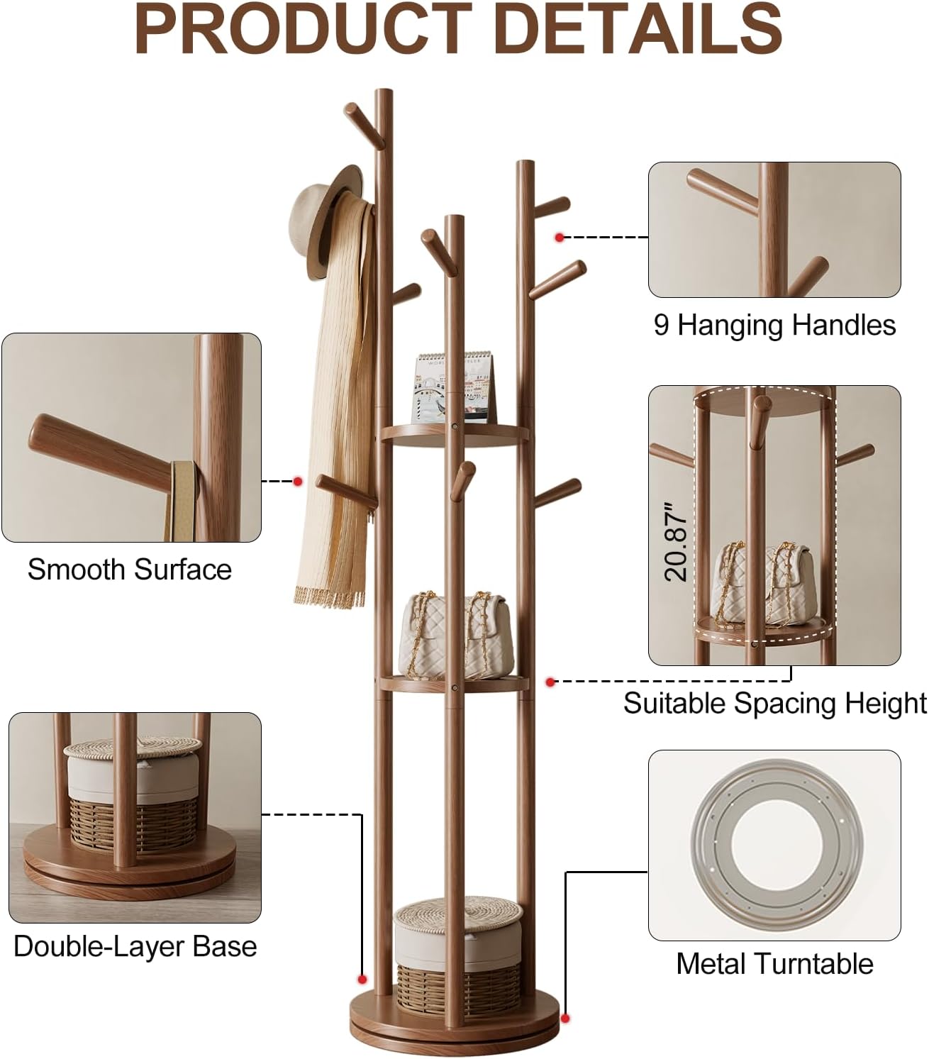 Muwuele Solid Wood Rotary Coat Rack, Freestanding Coat Rack with 3 Shelves and 9 Hooks, Coat tree for Bedroom, Entryway, Livingroom, Coat Hanger Stand for Coats, Scarves, Handbags (Walnut)