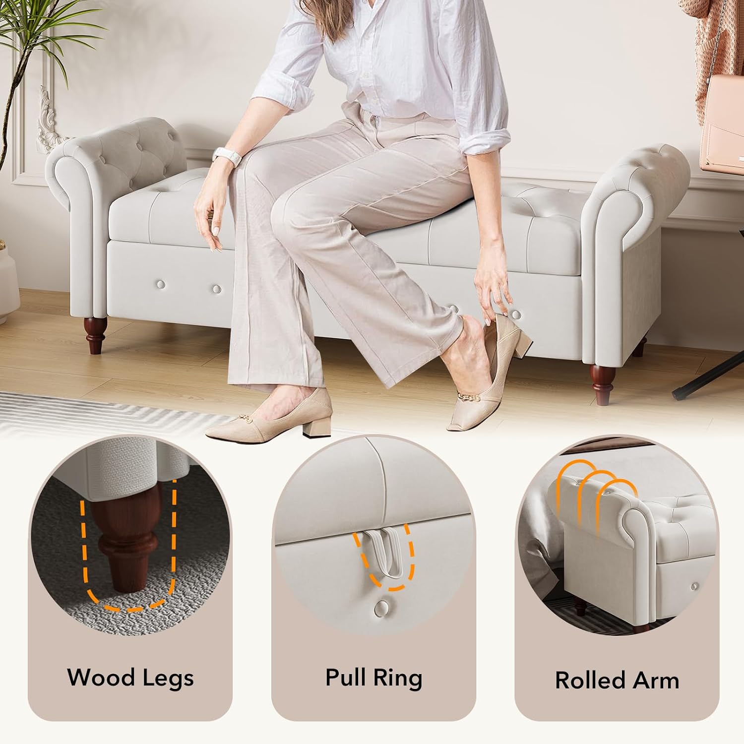 Storage Bench, End of Bed Bench with Pull Ring Design | 63" Velvet End of Bed Bench, Rolled Arm,Button Tufted Design, Large Storage Space, Wood & Metal Material, Holds 500LBS, Beige