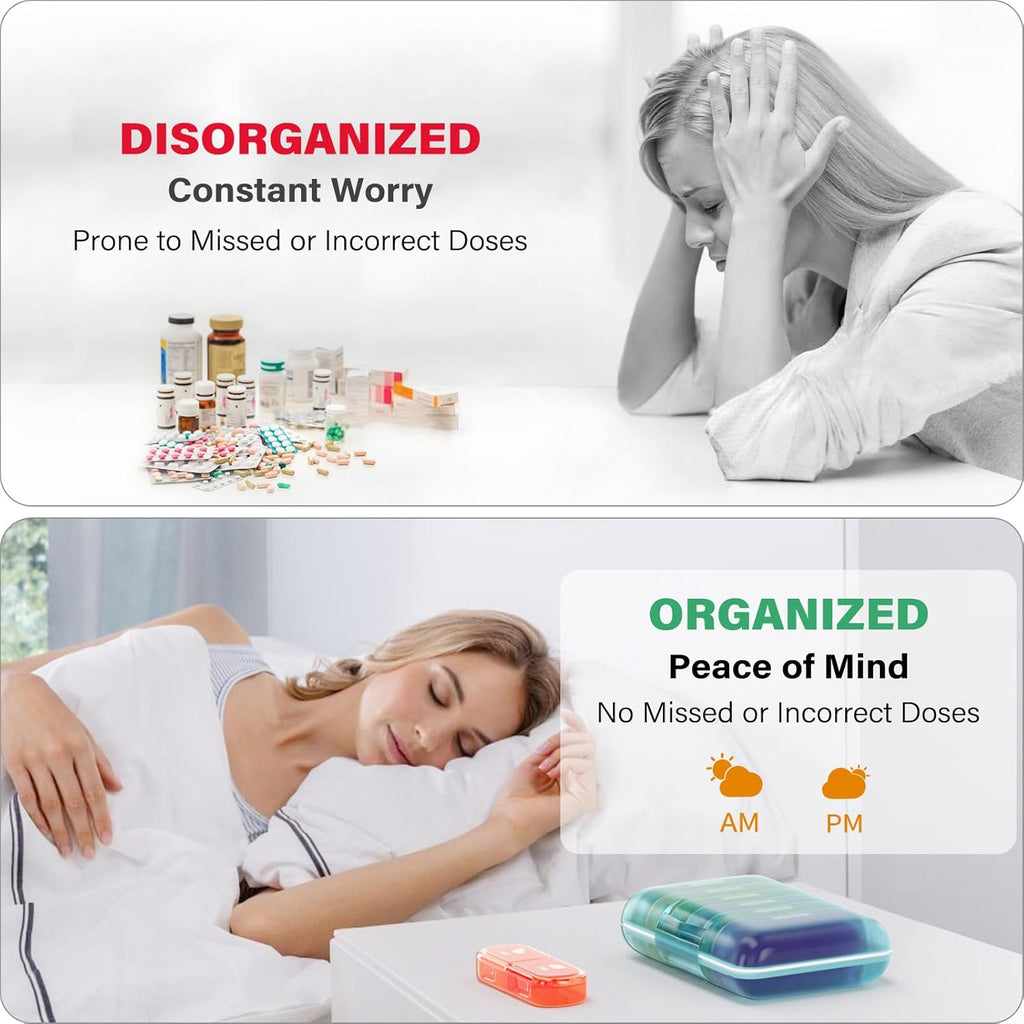 Weekly Pill Organizer 2 Times a Day, 7 Day Pill Box 2 Times, Portable for Travel Pill Case for Pills/Vitamin/Fish Oil/Medication/Supplements (2x7 Blue+Rainbow)