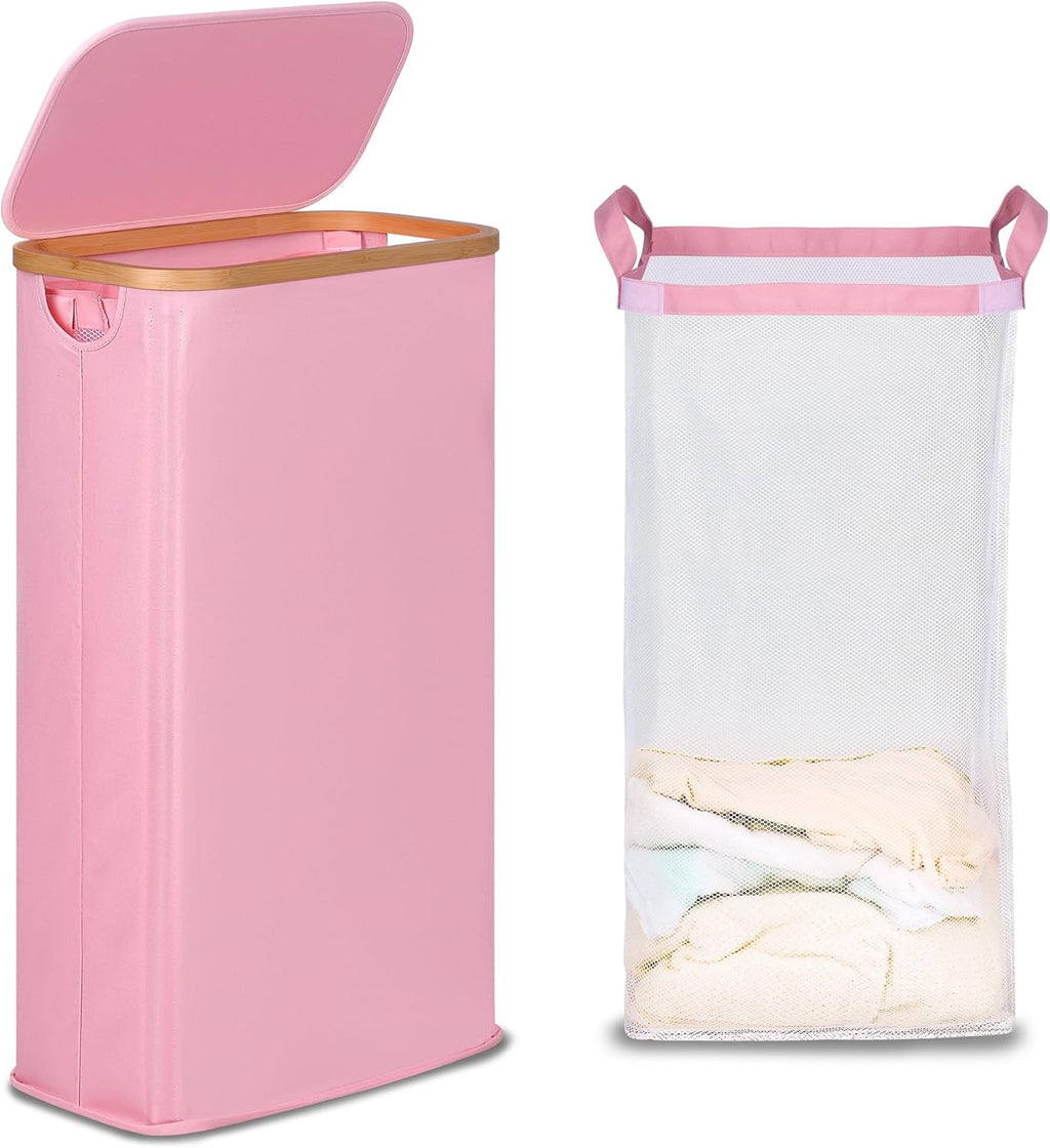 efluky Slim Laundry Basket with Lid, Narrow Laundry Hamper with Removable Bag, Skinny Dirty Clothes Basket with Bamboo Handles for Bathroom, Bedroom & Laundry Room, 63L Pink