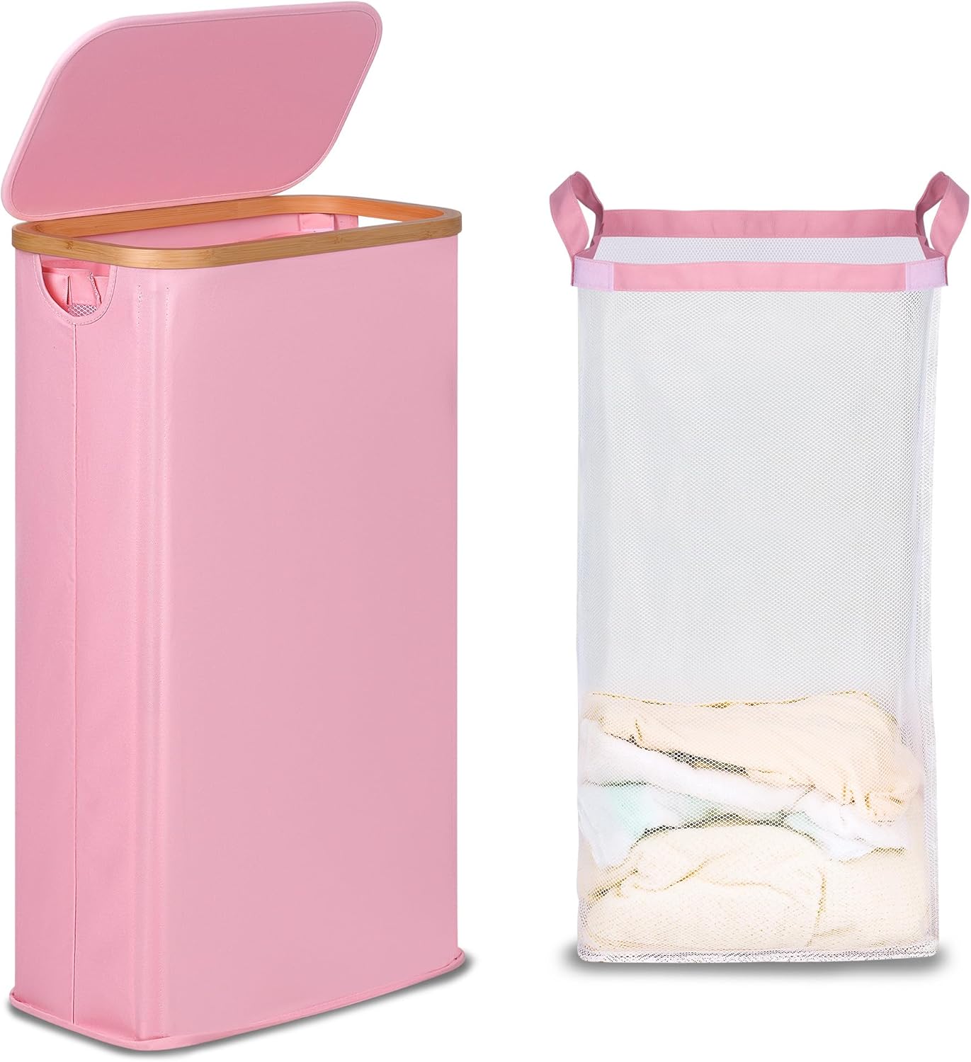 efluky Slim Laundry Basket with Lid, Narrow Laundry Hamper with Removable Bag, Skinny Dirty Clothes Basket with Bamboo Handles for Bathroom, Bedroom & Laundry Room, 63L Pink