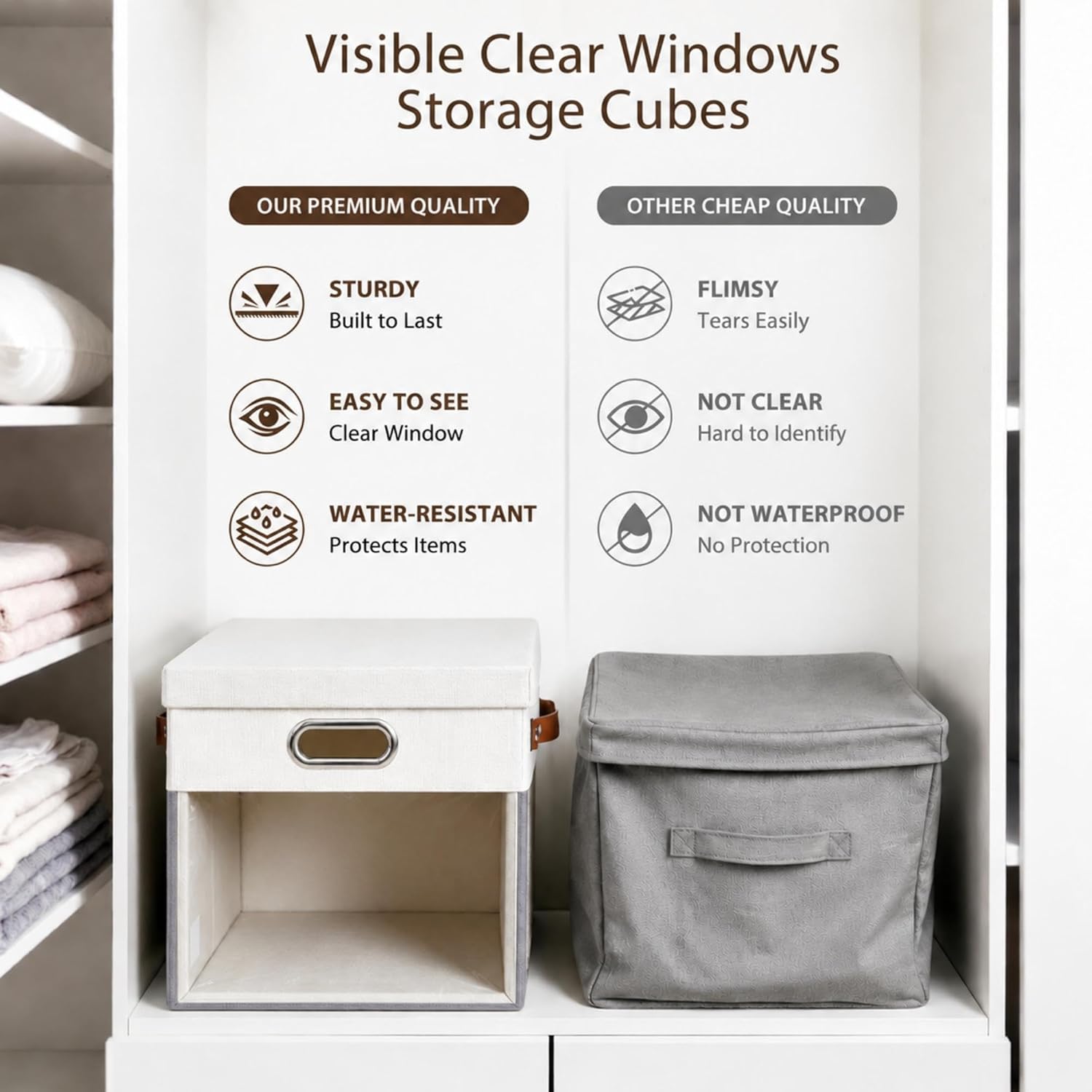 13x13 Inch Ultra Thick Fabric Storage Bins with Lids & Windows, 3P | Foldable, Closet Storage Bins, with 3 Handles, Home Decorative Boxes, for Bedroom, Living Room, Dorm, Office (Gray & White)