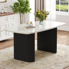 Ebullient White Marble Dining Table for 6–8, 67'' Modern Oval Kitchen Table with 3.5'' Thick White Marble-Patterned Tabletop and Matte Black Column Legs, Large Dining Room Table