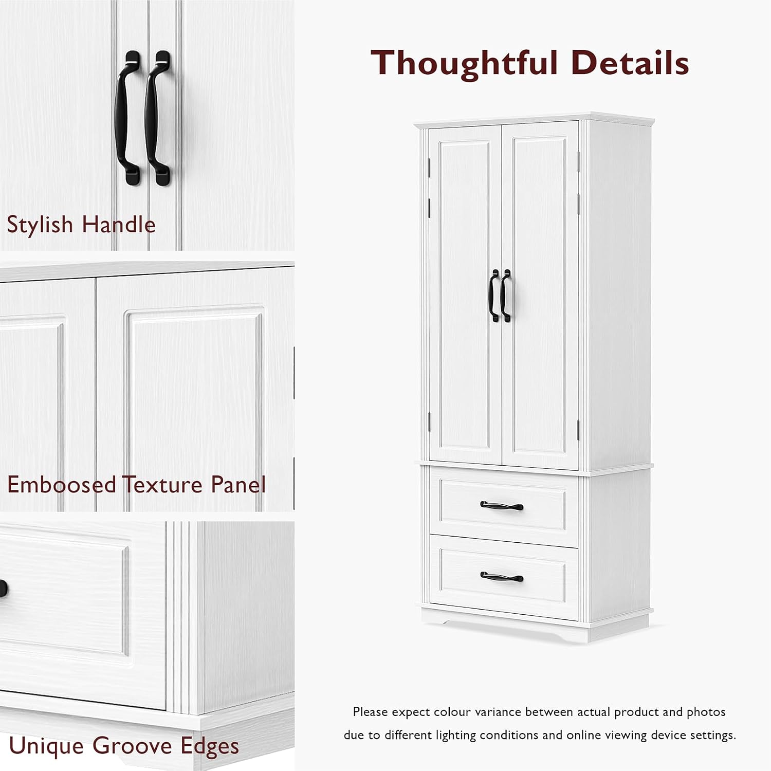71" Tall Farmhouse Pantry Cabinet, Wood Storage Cabinet with 2 Doors, 2 Drawers and 3 Adjustable Shelves, Freestanding Cupboard for Kitchen, Living Room, Dining Room and Home, Office, White