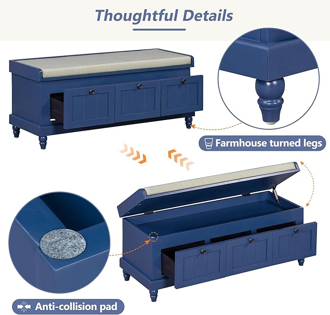 Merax Classic Storage Bench with Cushioned Seat and Three Drawers for Entryway & Living Room & Bedroom, Navy Blue