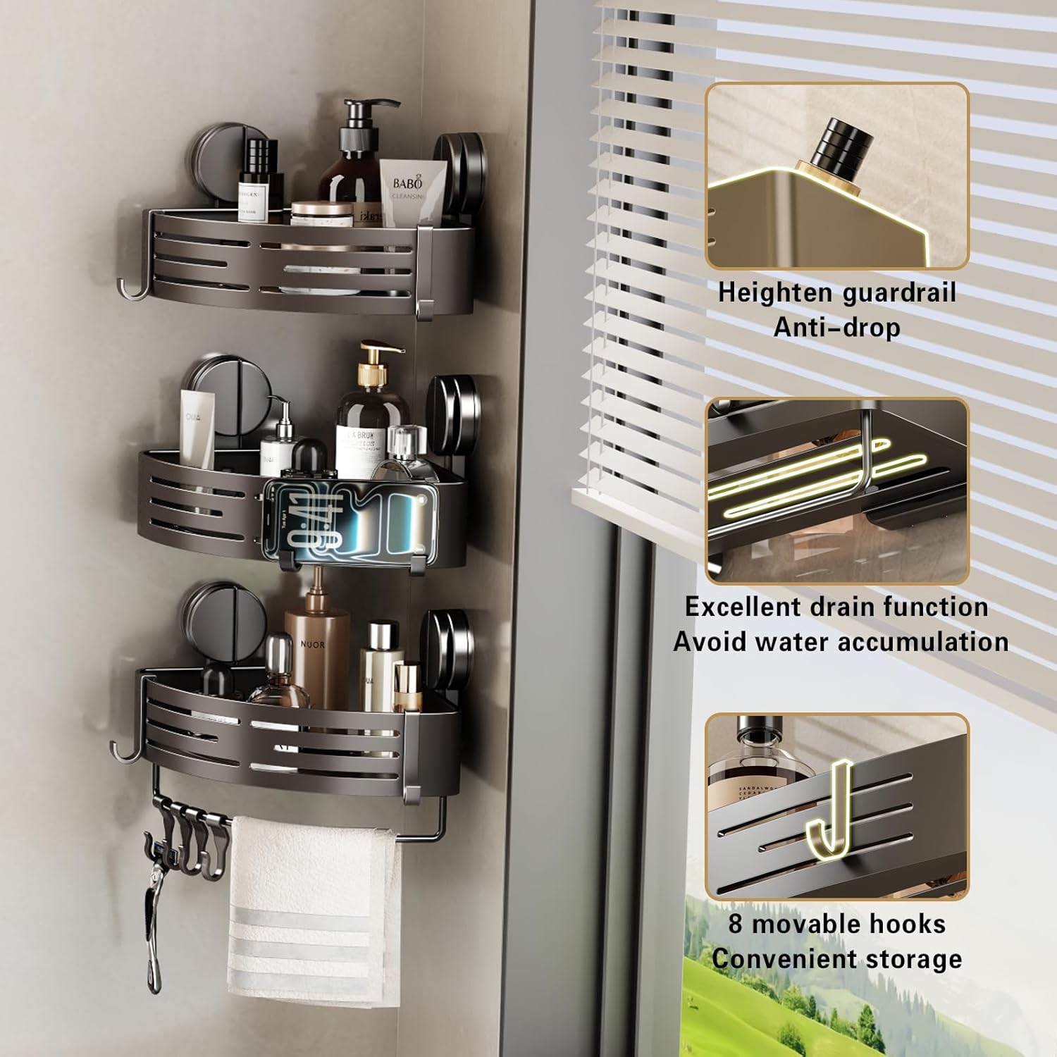 VOLPONE Corner Shower Caddy Suction Cup Shower Shelf Corner No Drilling Bathroom Shower Organizer Storage Rack Adhesive triangle with towel bar hooks 3 tier gray