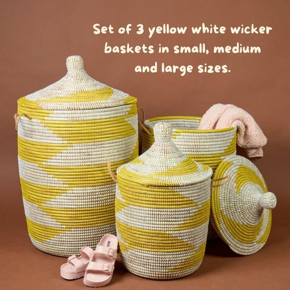 Tall Large Decorative Wicker Storage Basket with Lid, Laundry Hamper, Blanket Storage, Toys Bin, Clothes Holder, Boho Style (Yellow White)