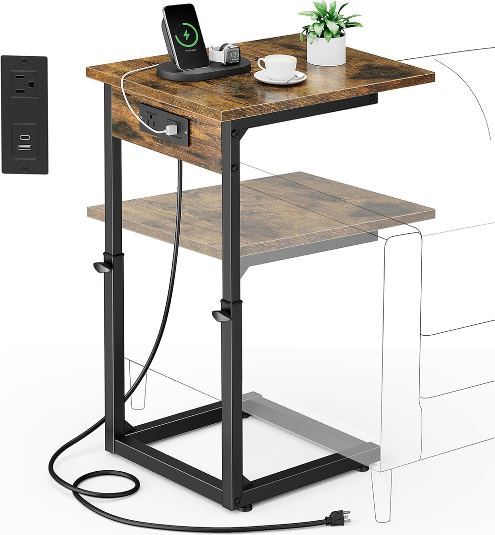Vagusicc C Shaped End Table with Charging Station, 33"Tall Side Table fo...