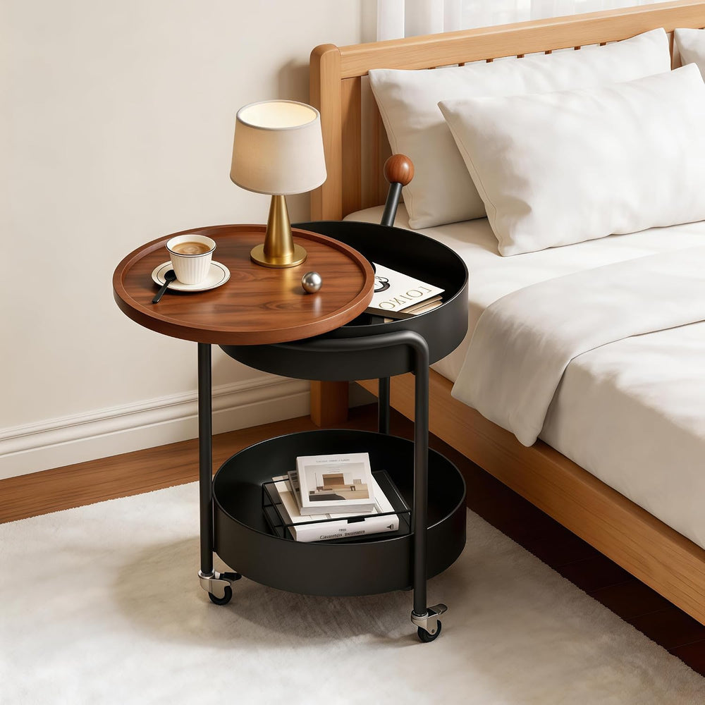 Mid-Century Modern Round Side Table, 2-Tier Mobile Sofa End Table with Rotata...
