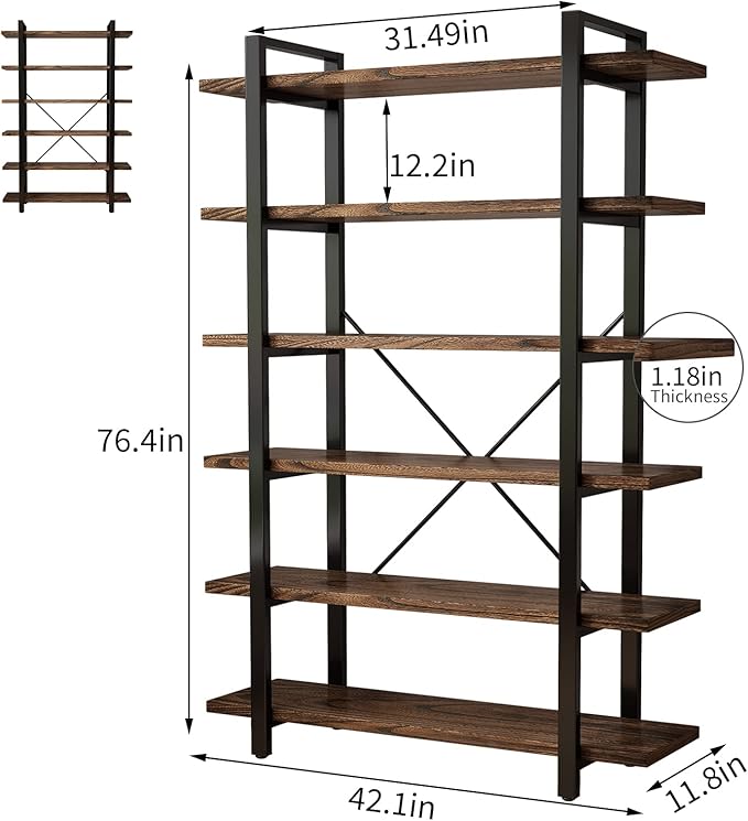 Solid Wood Bookcase and Book Shelves Wood and Metal Shelving Unit 6 Tier Book...
