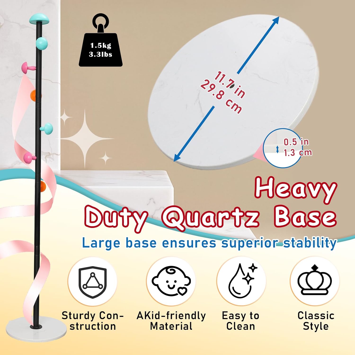 Coat Rack Freestanding Heavy Duty Metal Kids Coat Stand, 7 Round Mushroom Hooks & Sturdy Marble Quarte Base, Hanging Clothes Purse Bag Jacket for Hall Corner Office Garage Entryway (Black)