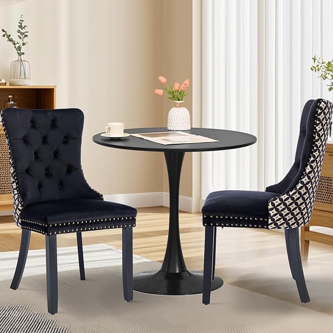 3-Pieces 31.5" Round Dining Table Set for 2, Black Dining Table & Velvet Upholstered Dining Chairs Set of 2 for Kitchen Dining Room Apartment Small Space(Quadrangular Star&Black Chairs)
